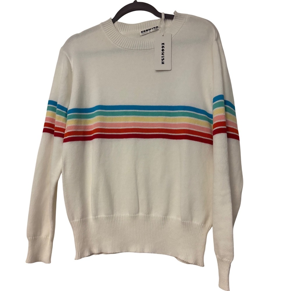 ECOWISH Womens White Rainbow Stripe Knit Crew Neck Sweater Pullover Size M NEW